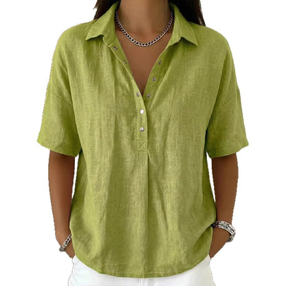Women’s button-front short-sleeve pullover shirt, lime green with V-neck placket and collar