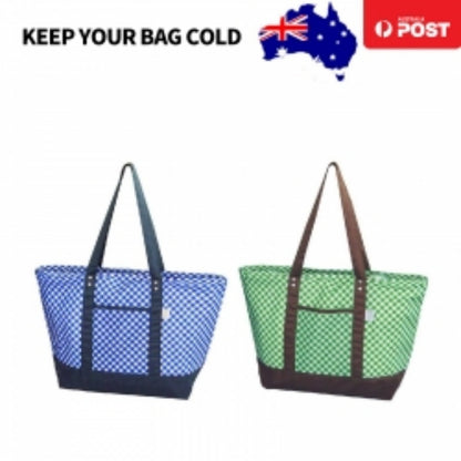 Two insulated tote cooler bags: blue and green checkered fabric with dark handles