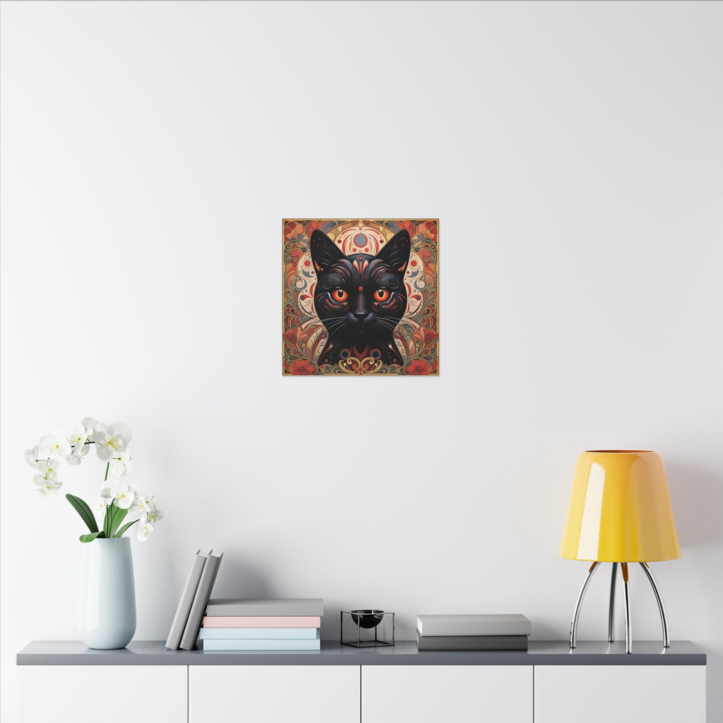Mystic Black Cat Canvas Wall Art — Gothic Boho Cat Portrait