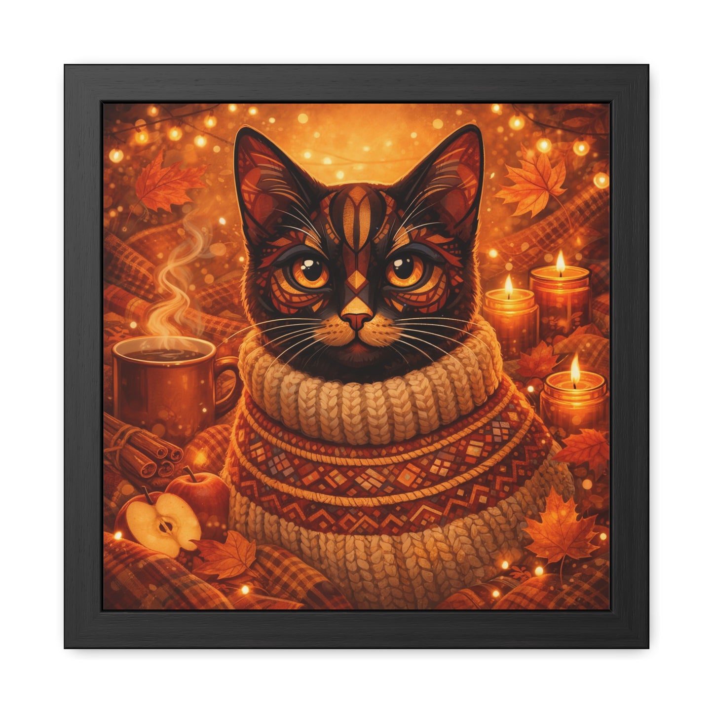 Autumn Cozy Cat Framed Poster — Sweater Cat Wall Art for Fall Decor