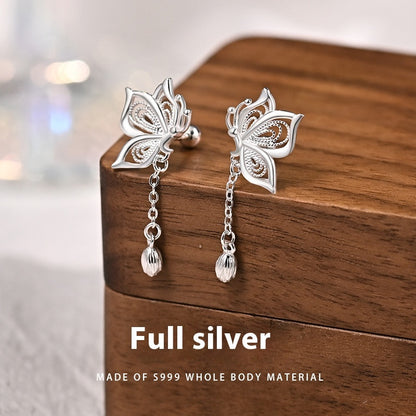 Sterling silver butterfly tassel earrings with dangling chain and teardrop charms
