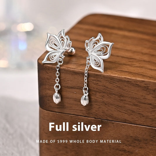 Sterling silver butterfly tassel earrings with dangling chain and teardrop charms