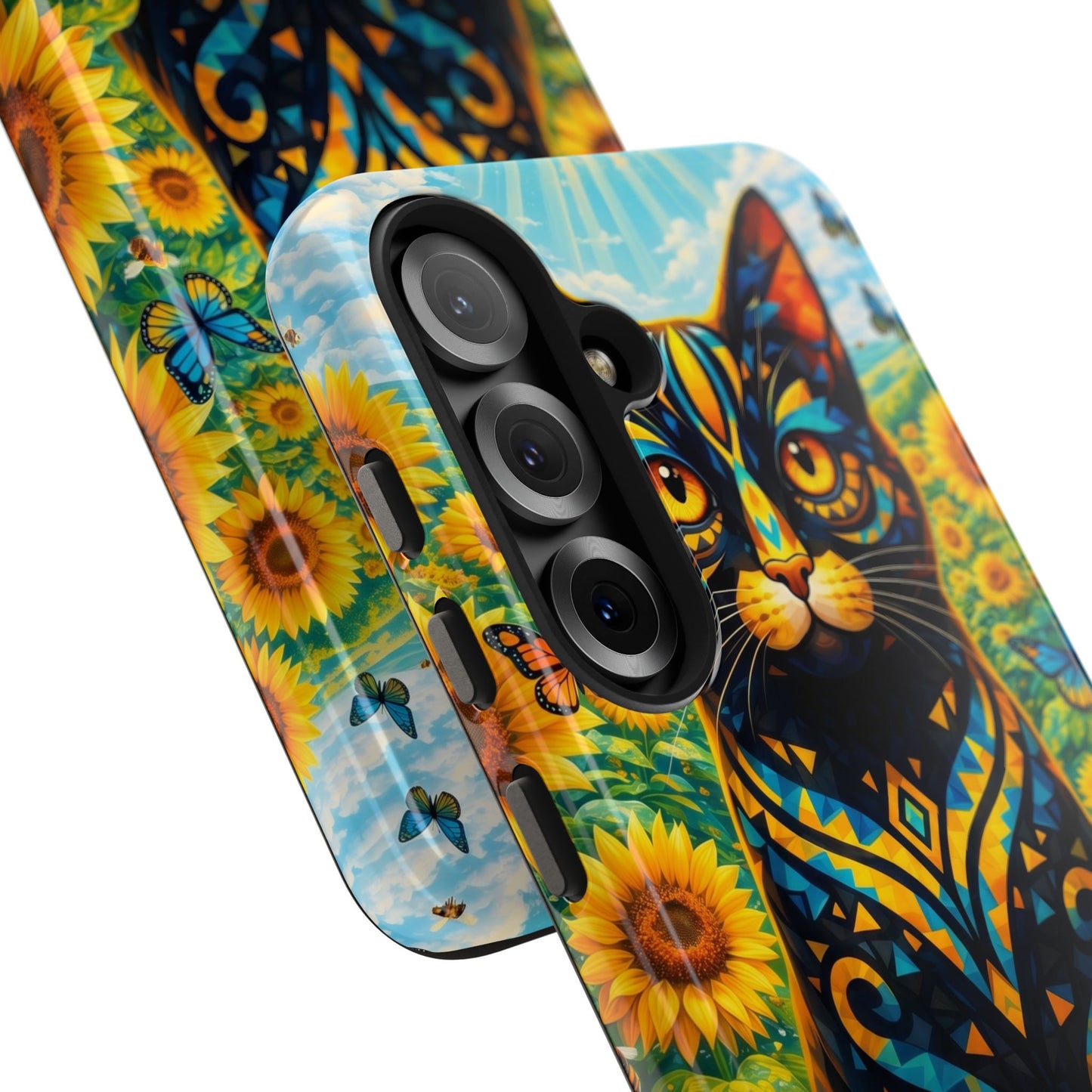 Sunflower Cat Tough Phone Case — Vibrant Boho Floral Armor for iPhone & Android