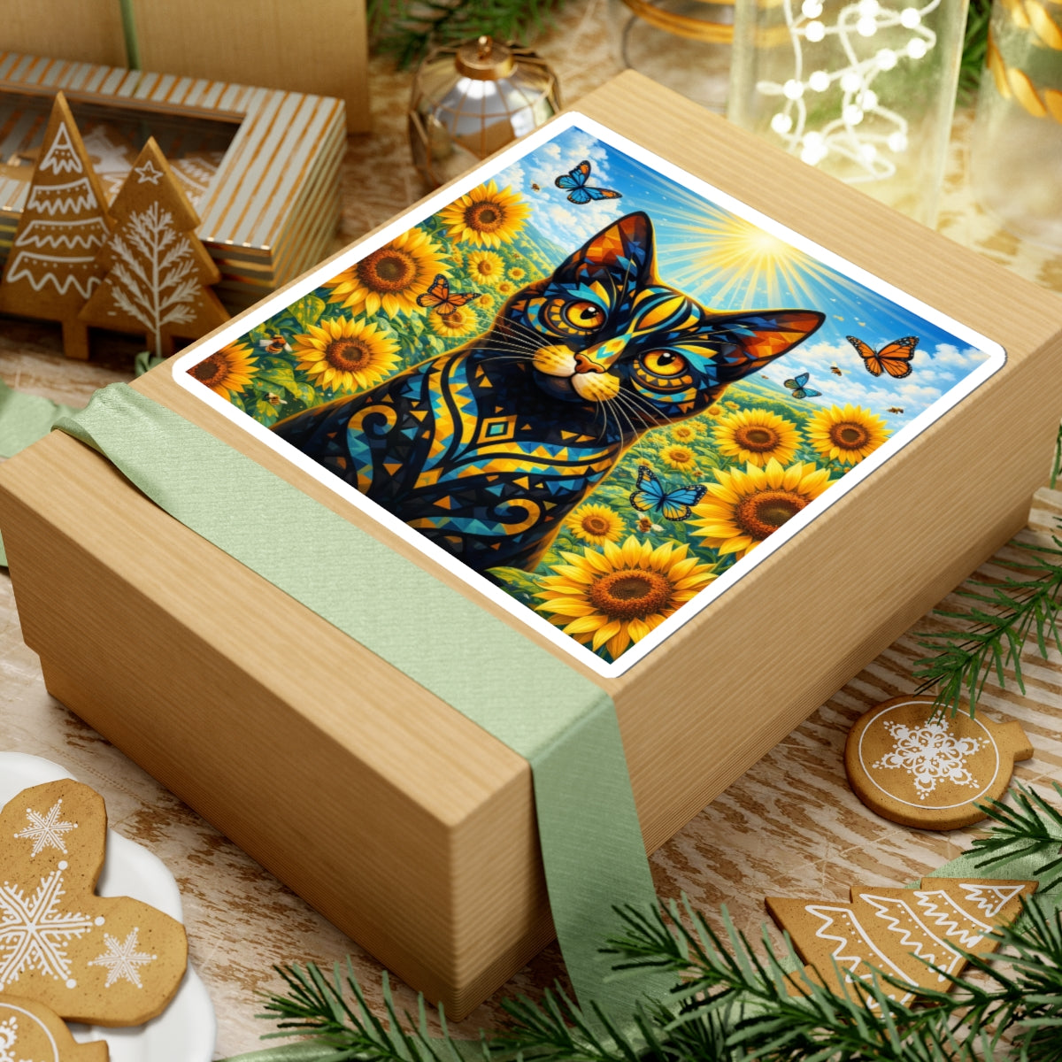 Sunflower Cat Sticker — Vibrant Floral Cat Sticker with Butterflies