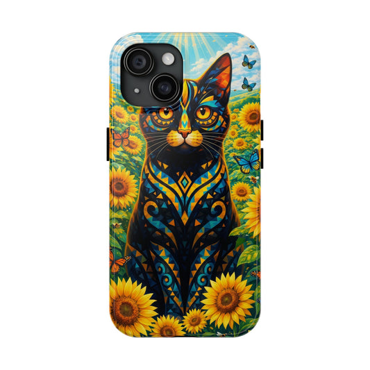 Tough phone case with black-and-orange cat face, sunflowers, butterflies, and camera cutouts