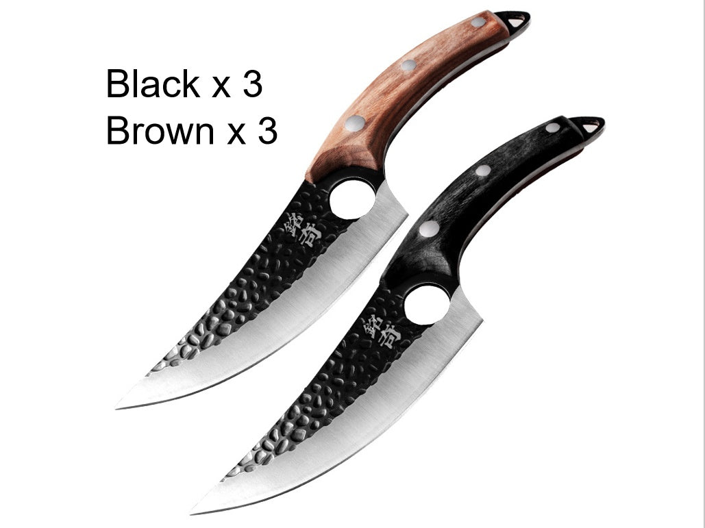Boning and scimitar knives with black and brown handles, shown side by side