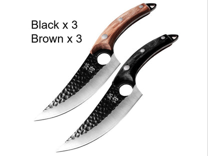 Boning and scimitar knives with black and brown handles, shown side by side