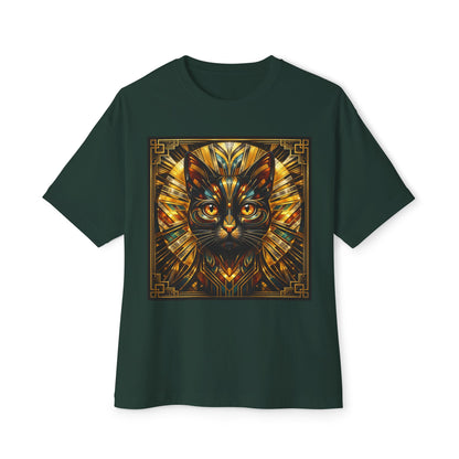 Art Deco Cat Graphic Tee — Golden Stained-Glass Feline Print