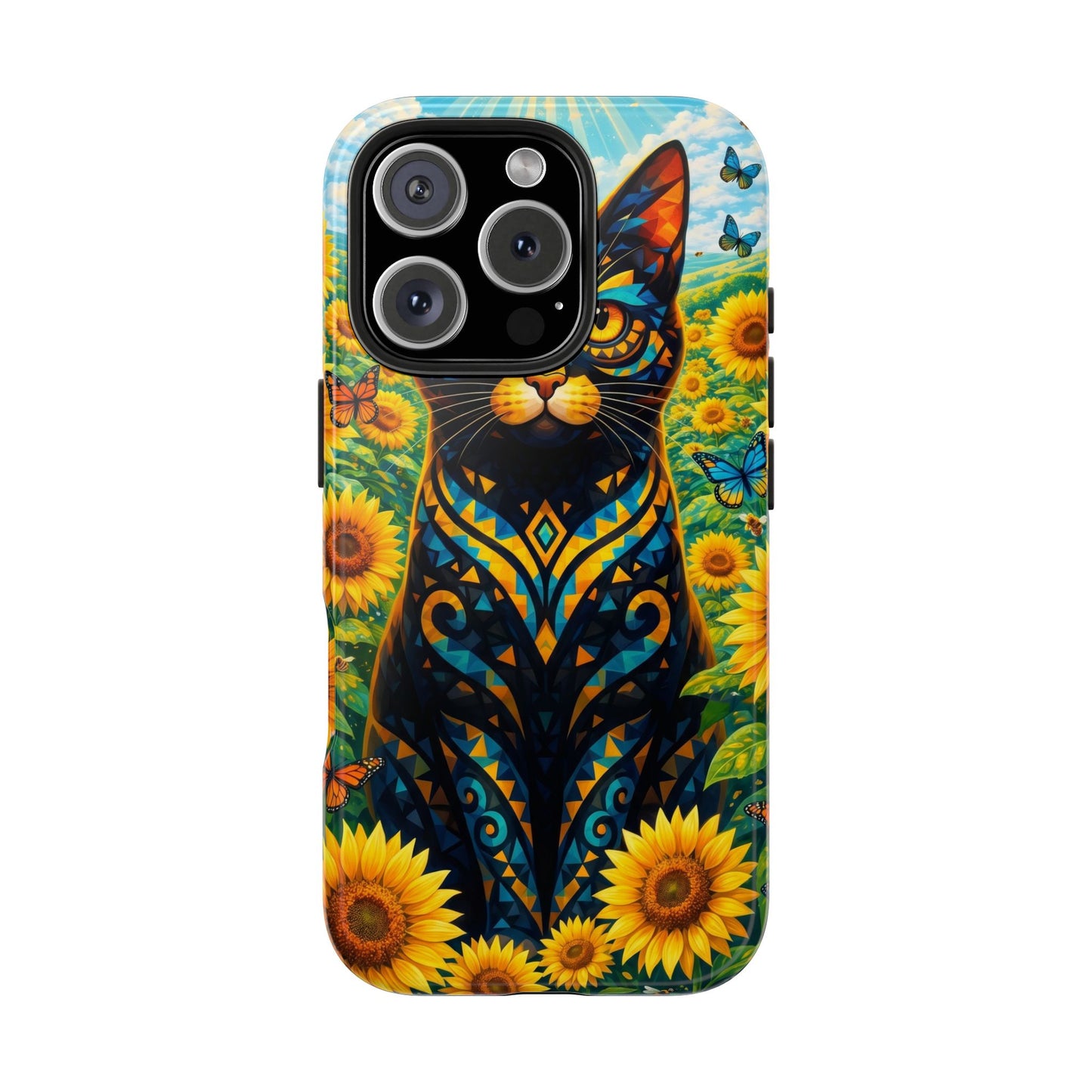 Sunflower Cat Tough Phone Case — Vibrant Boho Floral Armor for iPhone & Android