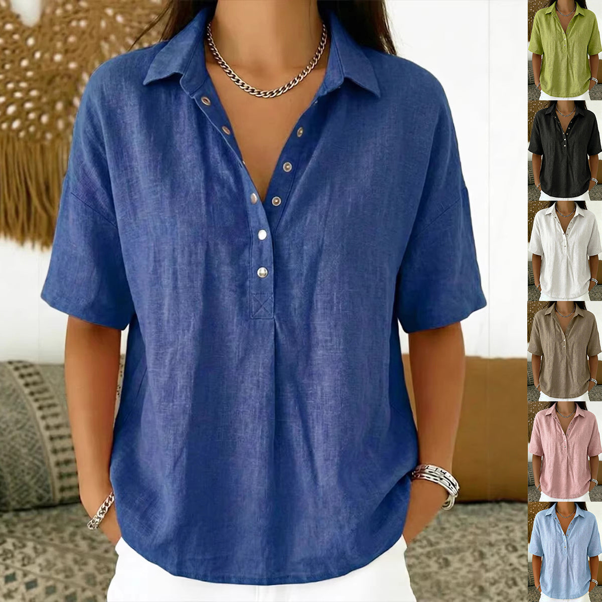 Women’s button-front short-sleeve pullover shirt, blue with V-neck placket and collar