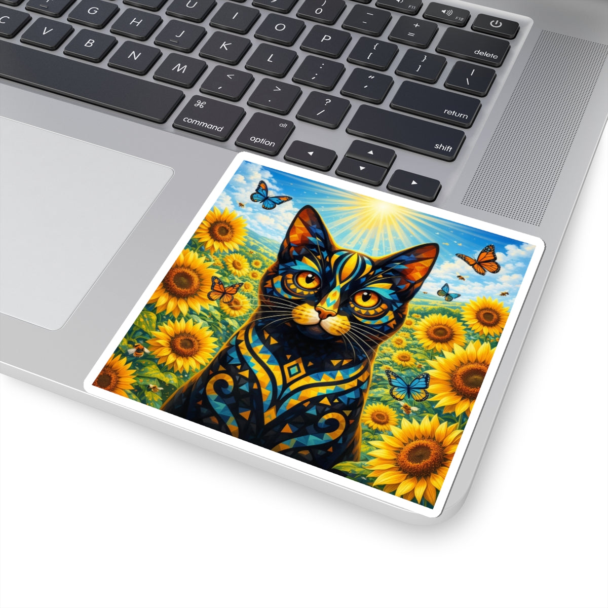 Sunflower Cat Sticker — Vibrant Floral Cat Sticker with Butterflies