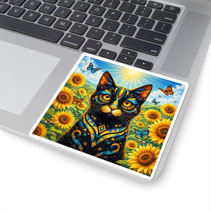 Sunflower Cat Sticker — Vibrant Floral Cat Sticker with Butterflies