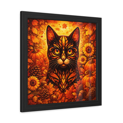 Autumn Cat Framed Poster — Halloween Pumpkin & Sunflower Wall Art