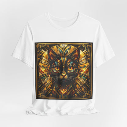 Art Deco Cat T-Shirt — Golden Geometric Cat Face Tee