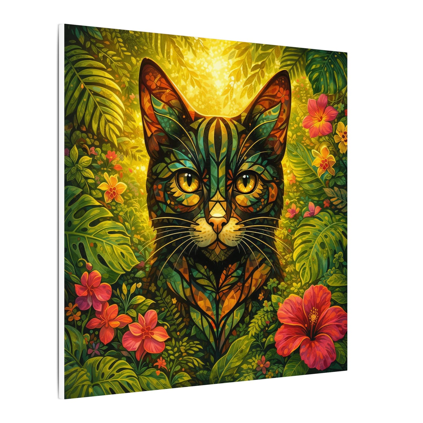 Tropical Cat Canvas Wall Art — Colorful Botanical Cat Portrait on Matte Stretched Canvas