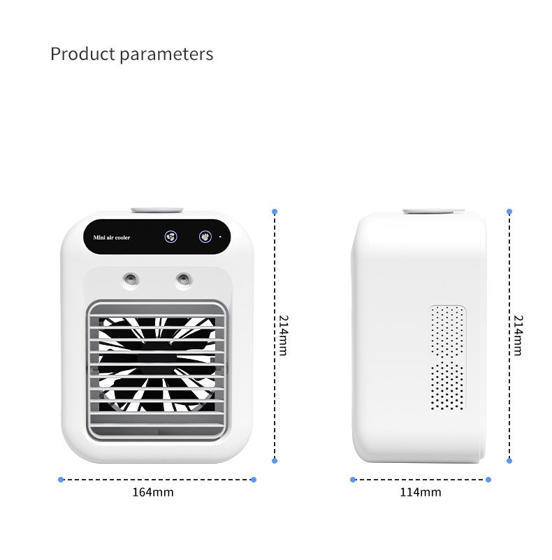 Ivory mini air cooler fan shown from front and back with size measurements
