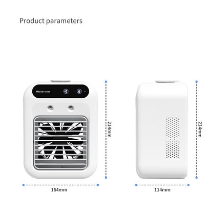 Ivory mini air cooler fan shown from front and back with size measurements