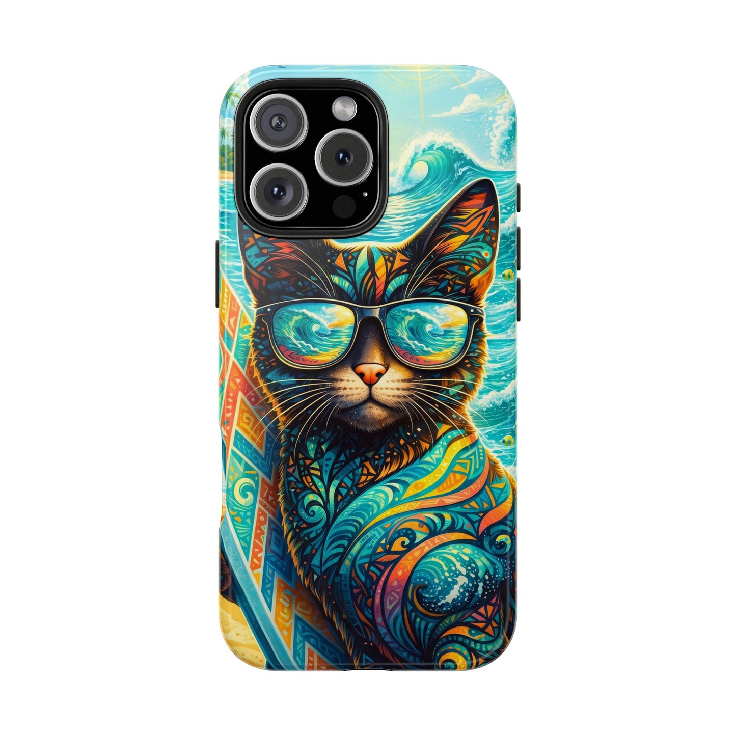 Colorful Surf Cat Tough Phone Case — Sunglasses Beach Vibe
