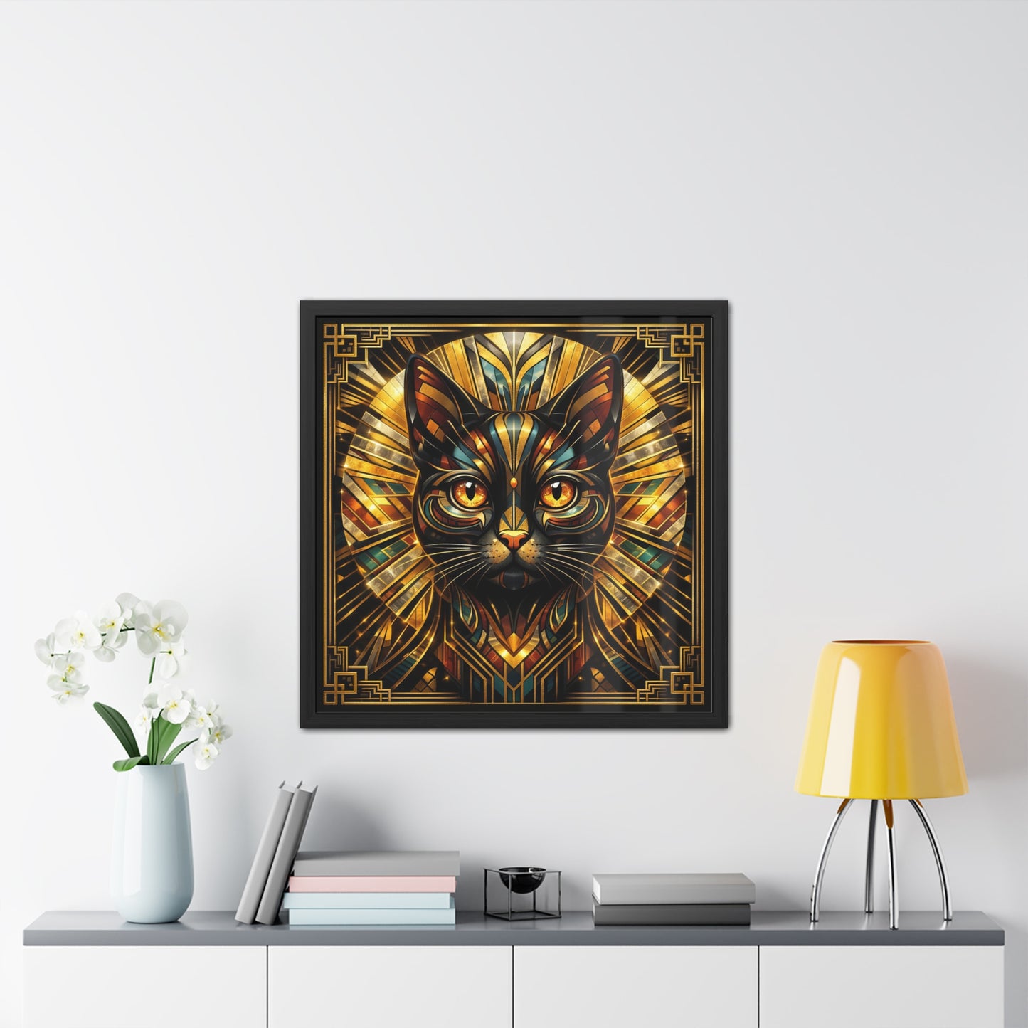 Art Deco Cat Framed Poster — Golden Stained-Glass Feline Wall Art