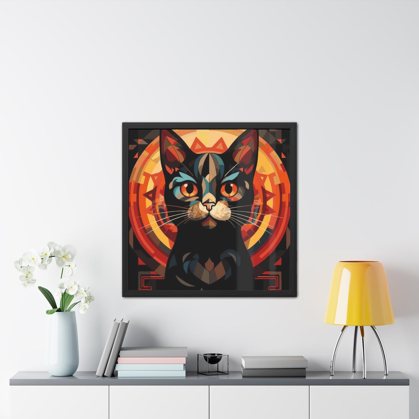 Framed Poster — Stylized Black Cat Art Print (Geometric Sun Halo)