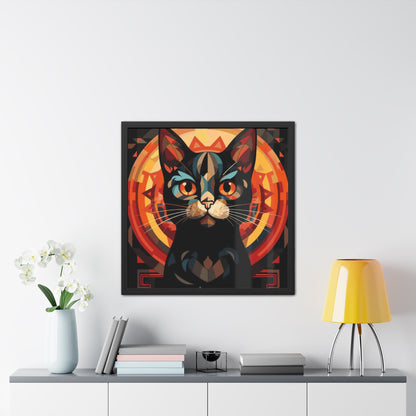 Framed Poster — Stylized Black Cat Art Print (Geometric Sun Halo)