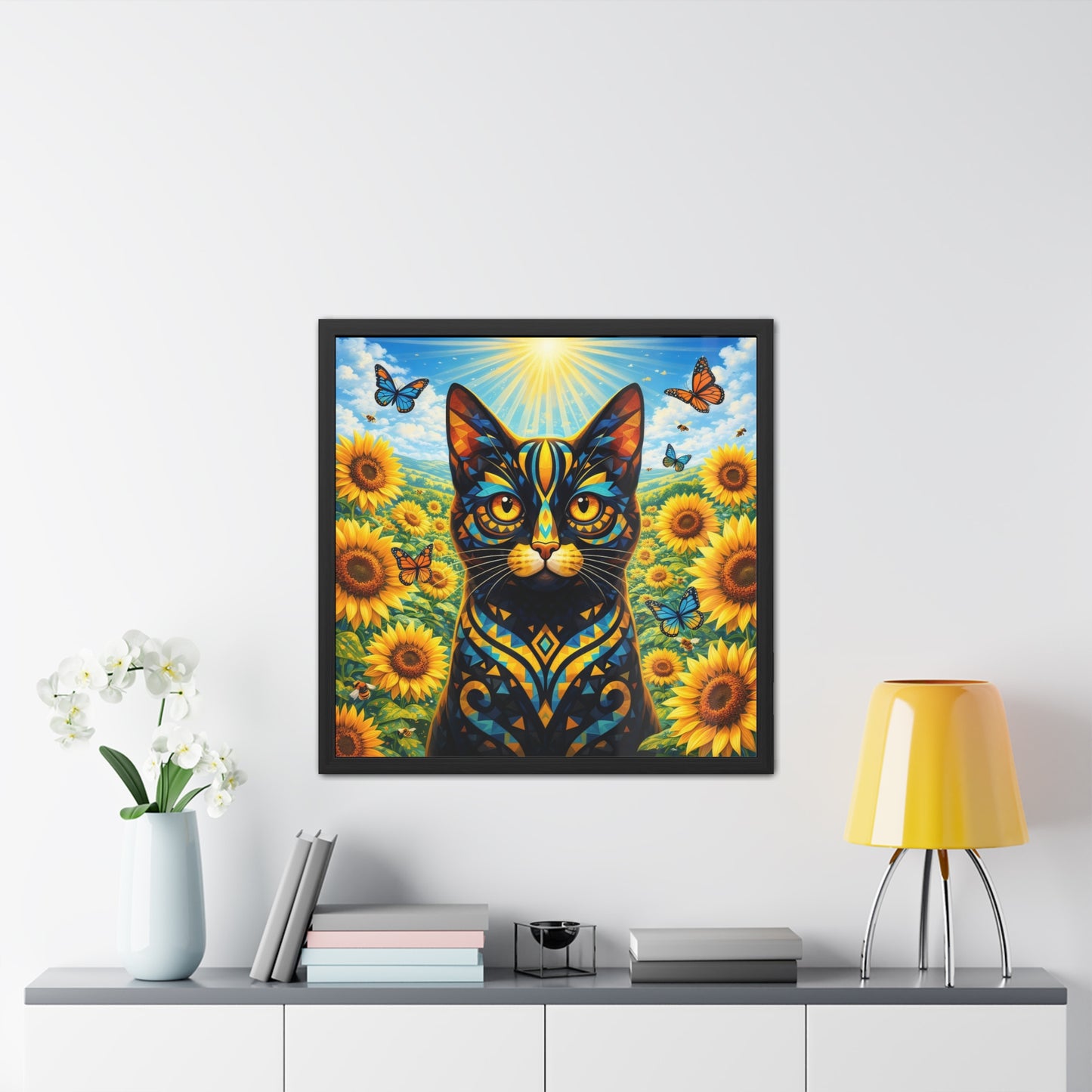 Sunflower Cat Framed Poster — Vibrant Stained-Glass Cat Art Print