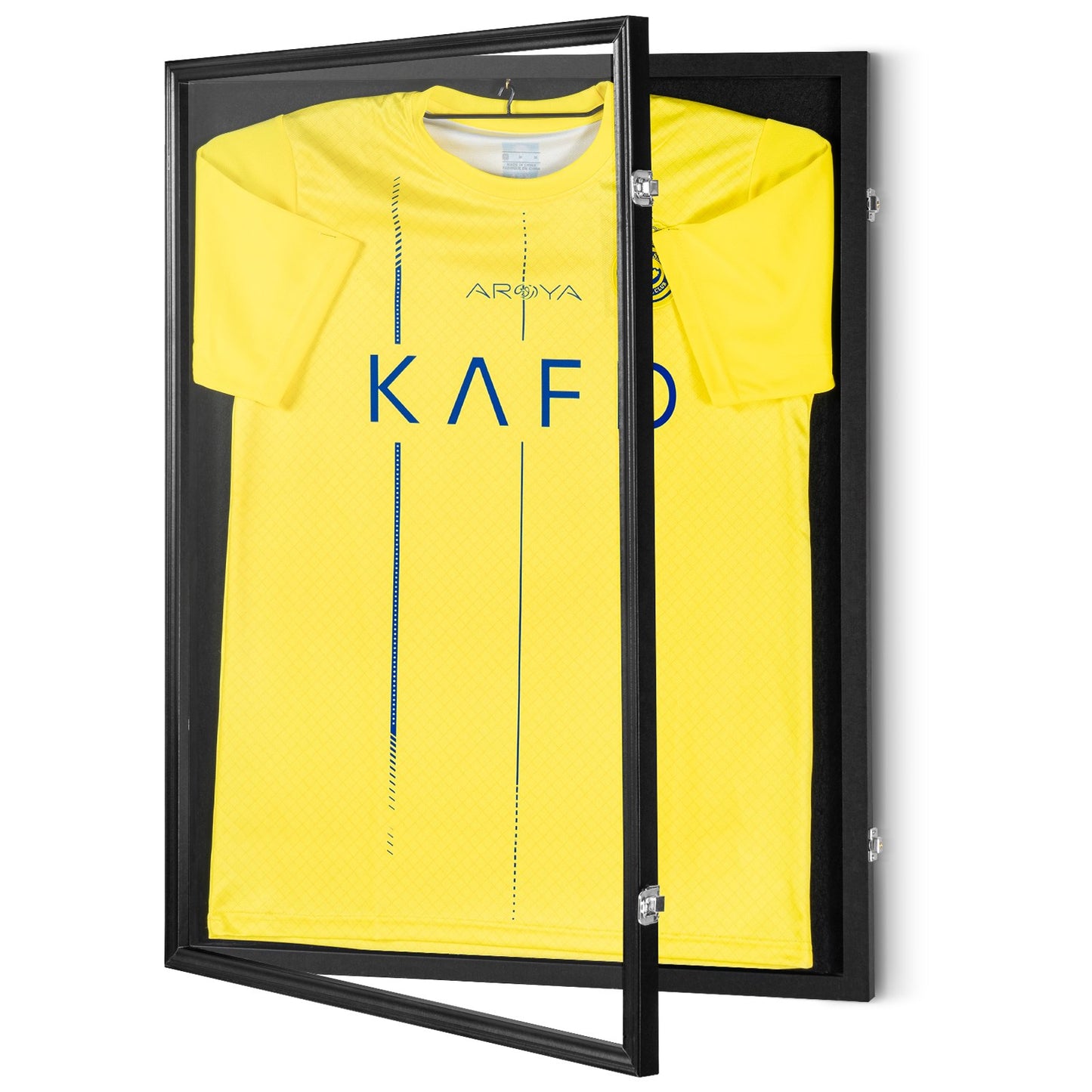 Open jersey display frame case showing yellow jerseys hanging, black frame with hinges.