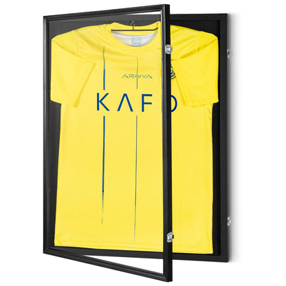 Open jersey display frame case showing yellow jerseys hanging, black frame with hinges.