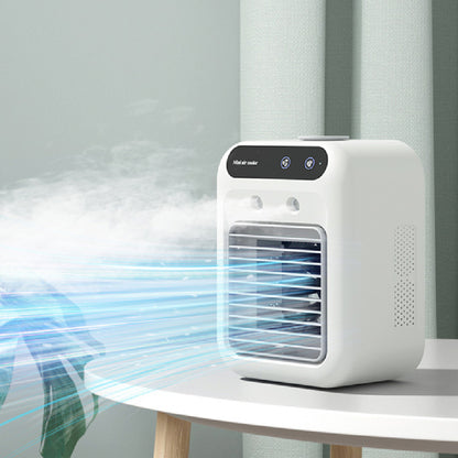 Ivory mini air cooler fan on a shelf with front grille and mist airflow