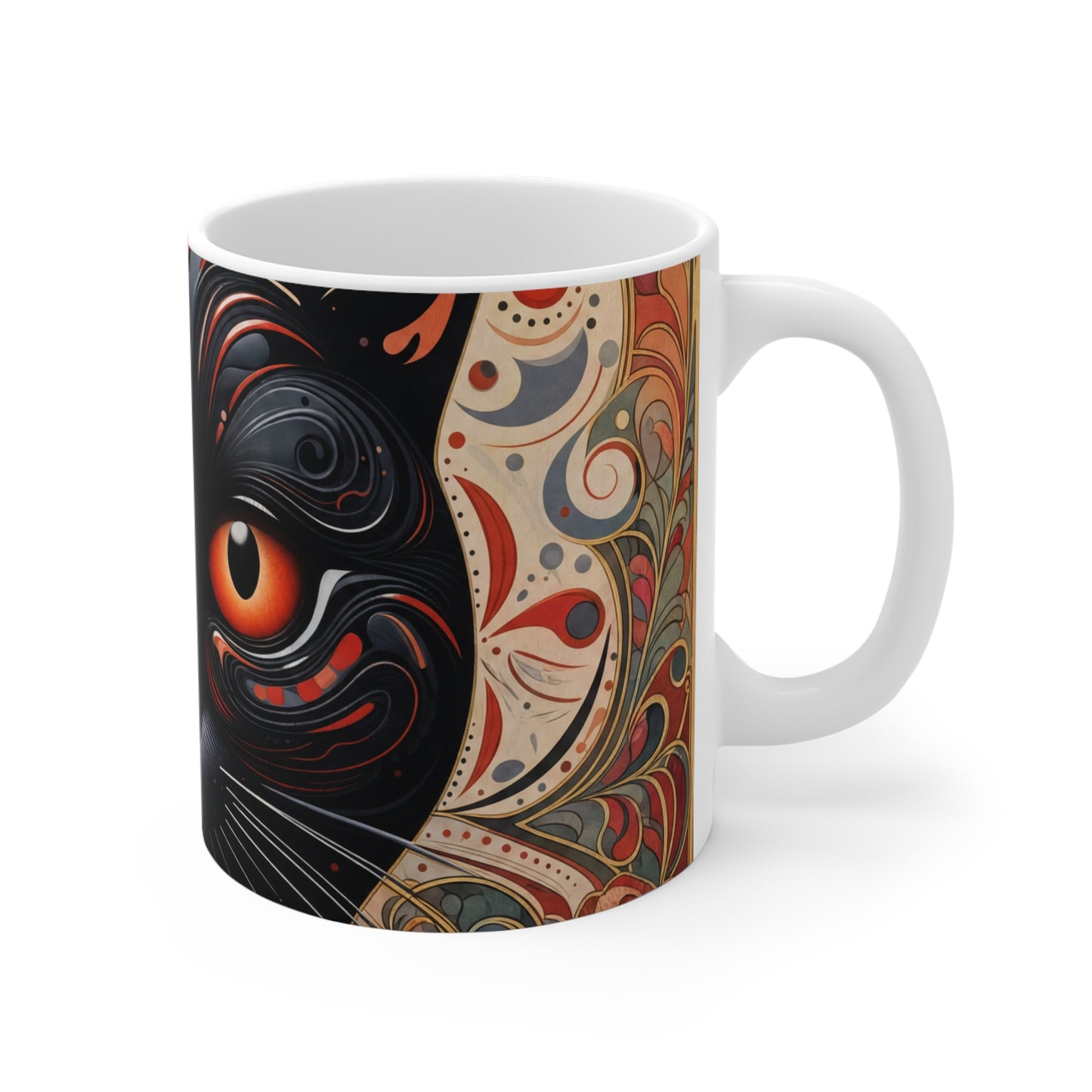 Black Cat Art Mug — Mystical Orange-Eyed Cat 11oz Ceramic Coffee Cup