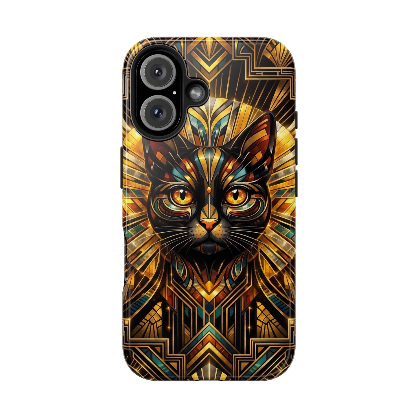 Art Deco Cat Tough Phone Case — Golden Geometric Protective Cover