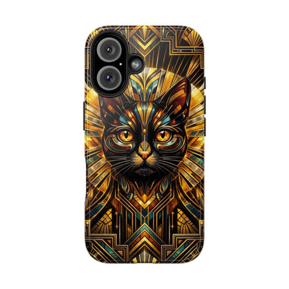 Art Deco Cat Tough Phone Case — Golden Geometric Protective Cover
