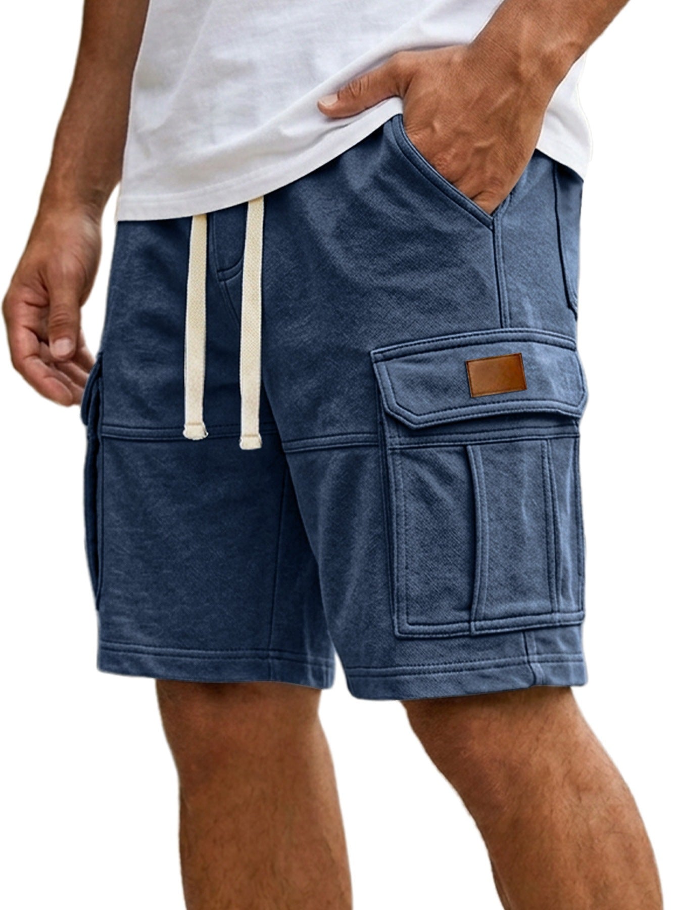 Navy men’s cargo shorts with flap side pocket and adjustable drawstring waist