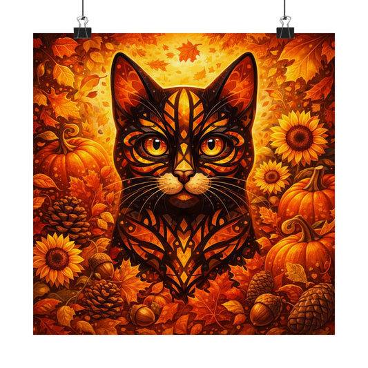 Autumn cat poster with black cat face, orange leaves, pumpkins and sunflowers.