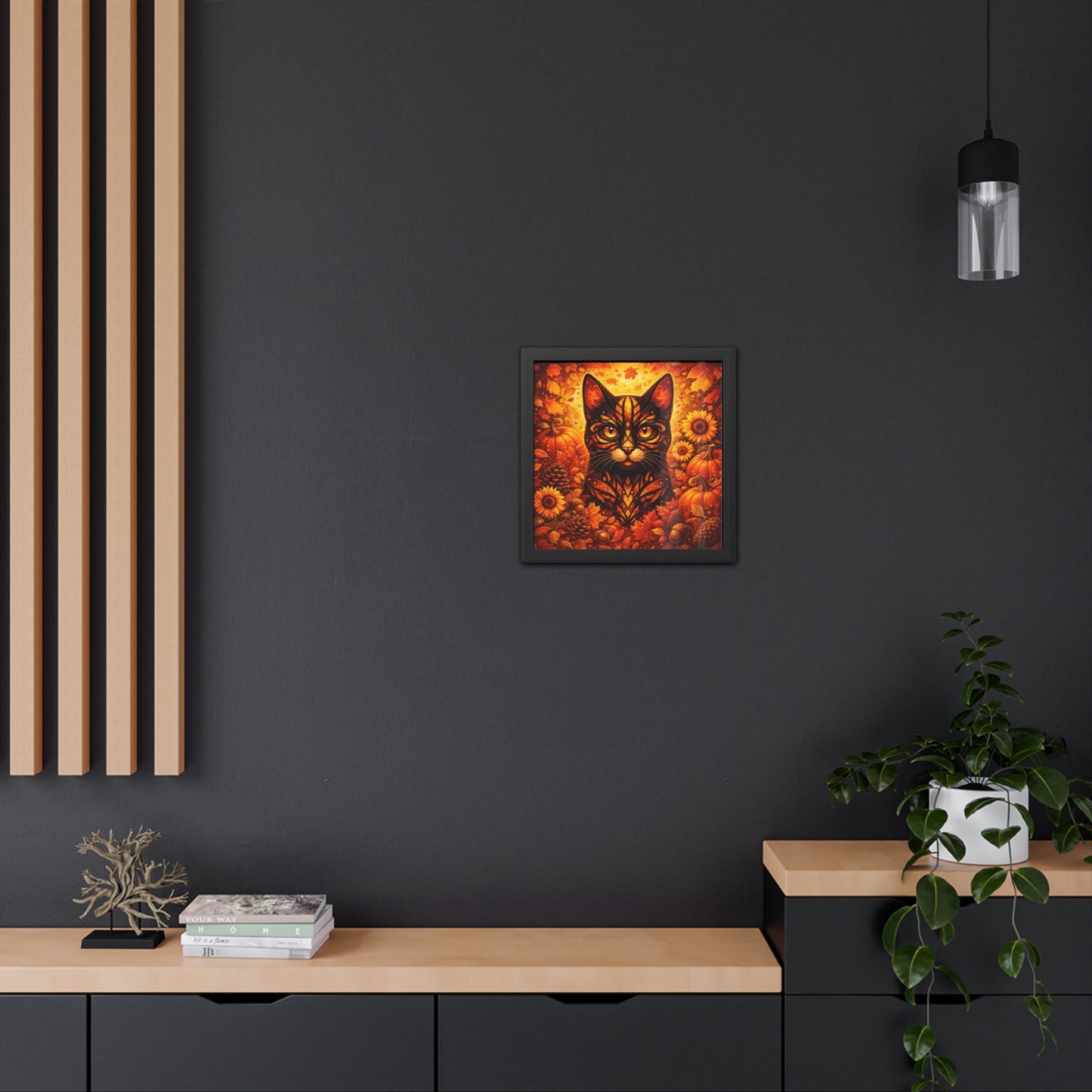 Autumn Cat Framed Poster — Halloween Pumpkin & Sunflower Wall Art