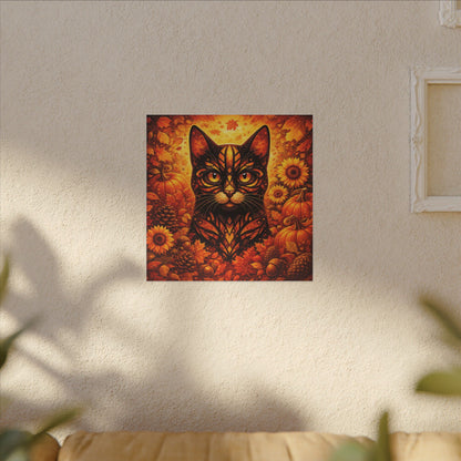 Autumn Cat Canvas Art — Pumpkin & Sunflower Fall Wall Decor