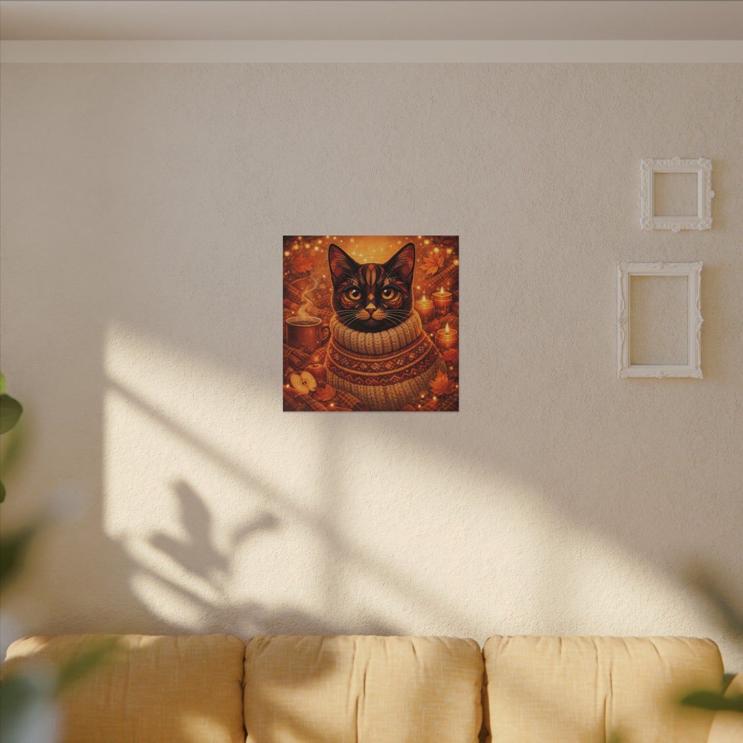 Autumn Cozy Cat Canvas - Warm Fall Cat Portrait with Sweater, Candles & Coffee