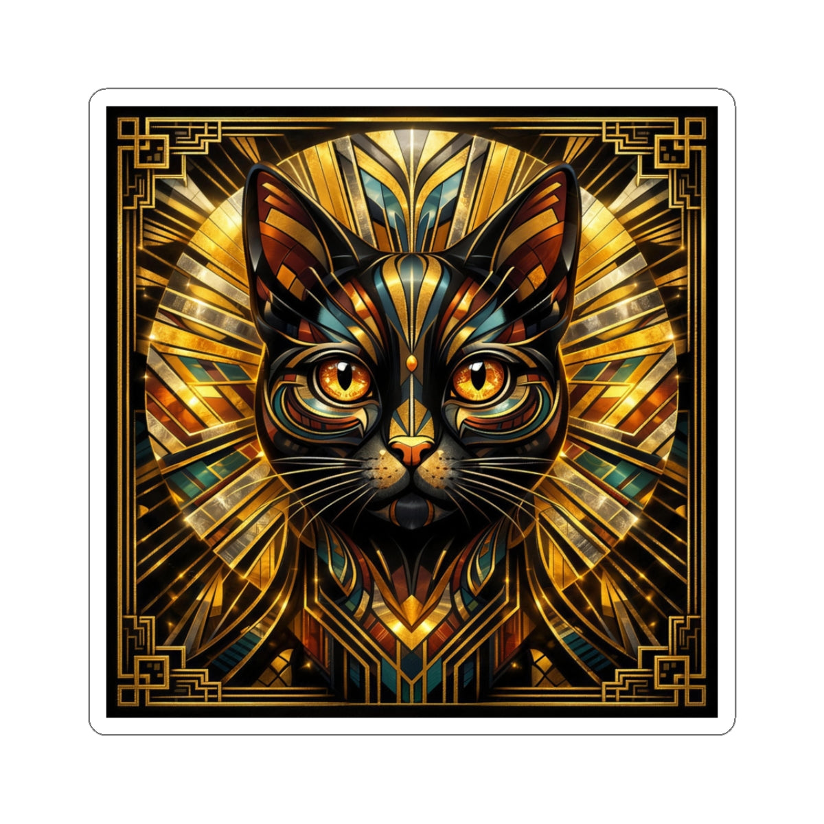 Art Deco Cat Kiss-Cut Sticker — Metallic Gold Geometric Feline Laptop Decal