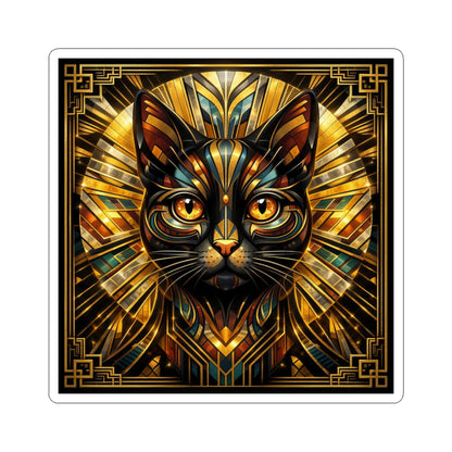 Art Deco Cat Kiss-Cut Sticker — Metallic Gold Geometric Feline Laptop Decal