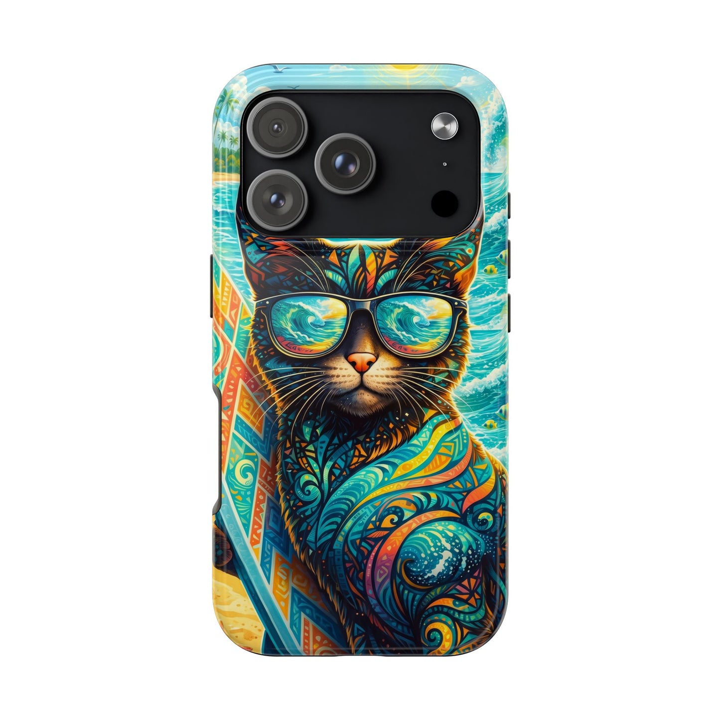 Colorful Surf Cat Tough Phone Case — Sunglasses Beach Vibe