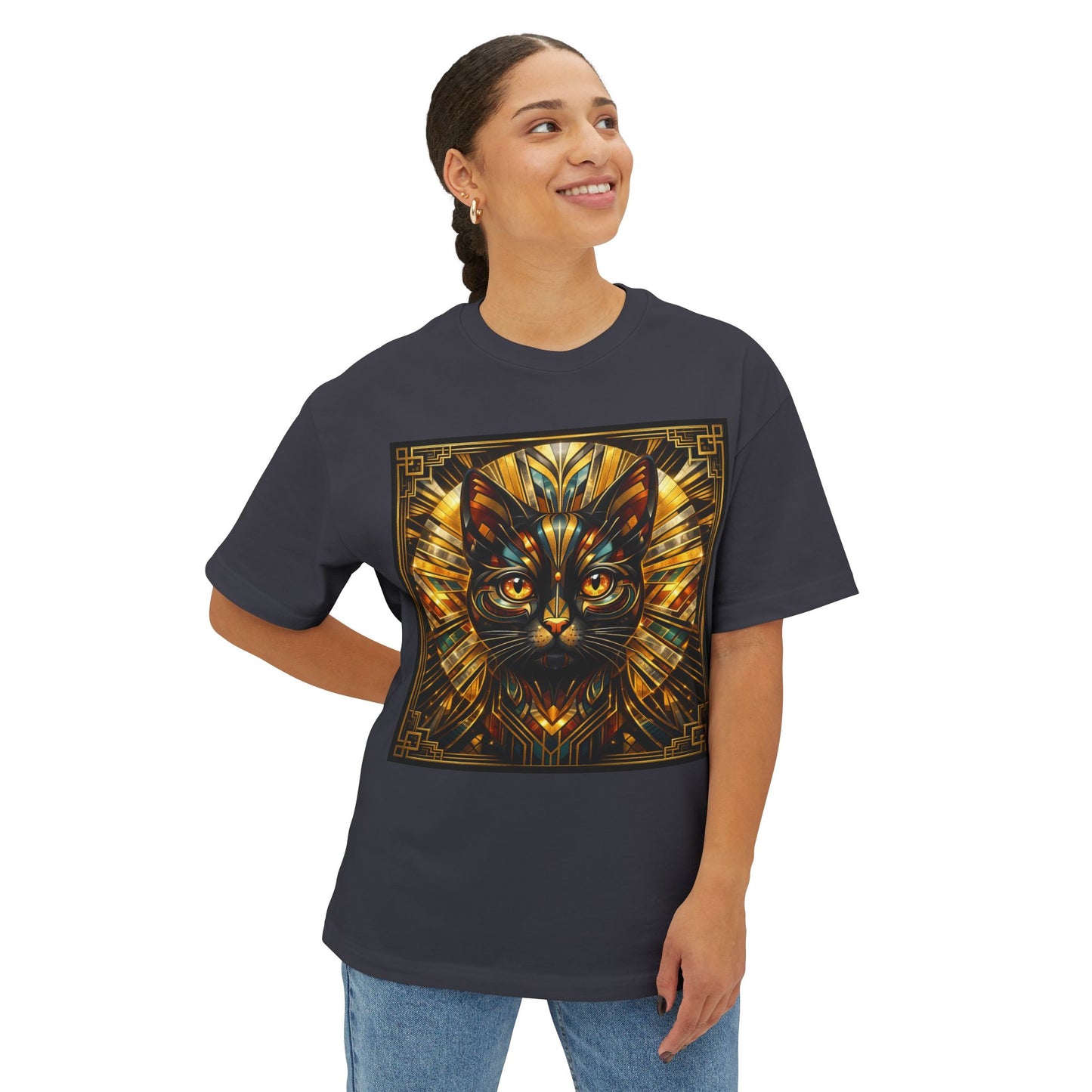 Art Deco Cat Graphic Tee — Golden Stained-Glass Feline Print