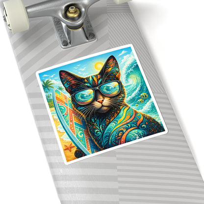 Surfing Cat Sticker — Colorful Tropical Beach Cat Kiss-Cut Sticker