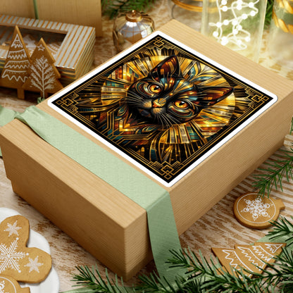 Art Deco Cat Kiss-Cut Sticker — Metallic Gold Geometric Feline Laptop Decal