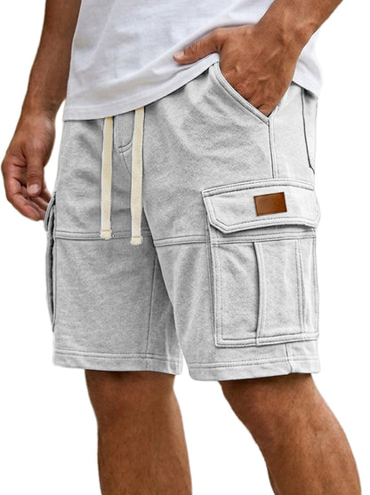 Light gray men’s cargo shorts with flap side pocket and adjustable drawstring waist