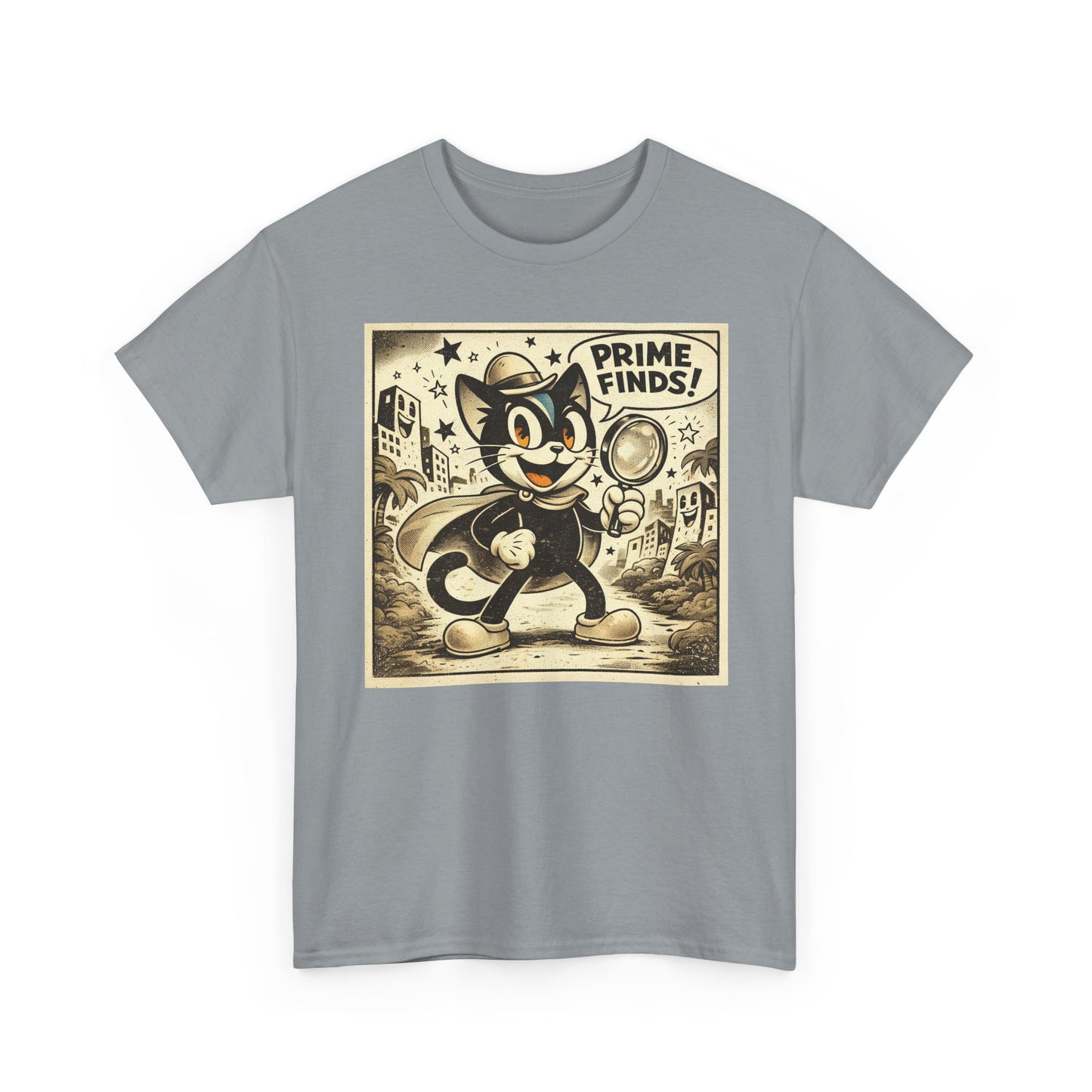 Charcoal gray vintage detective cat t-shirt with retro cartoon print on the chest