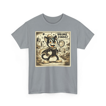 Charcoal gray vintage detective cat t-shirt with retro cartoon print on the chest
