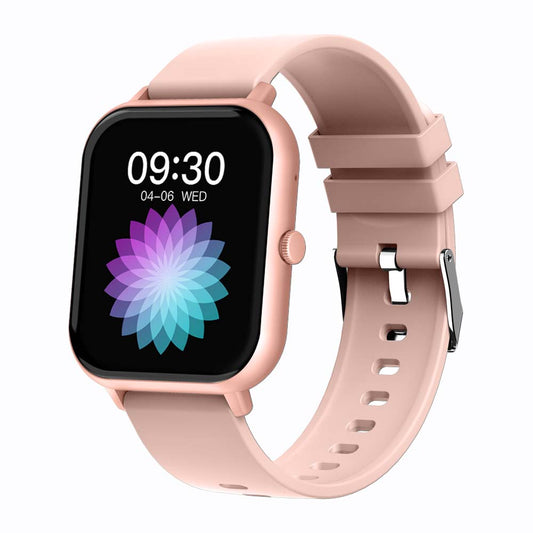 Square smartwatch with pink strap, black screen showing 09:30 and flower UI