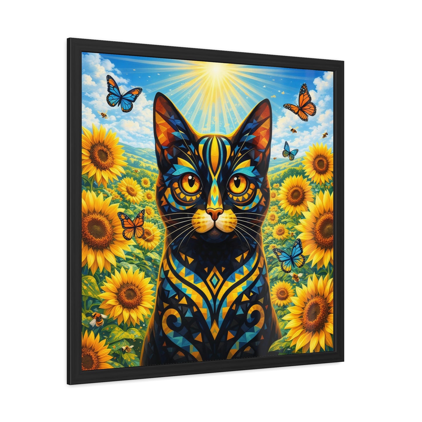 Sunflower Cat Framed Poster — Vibrant Stained-Glass Cat Art Print