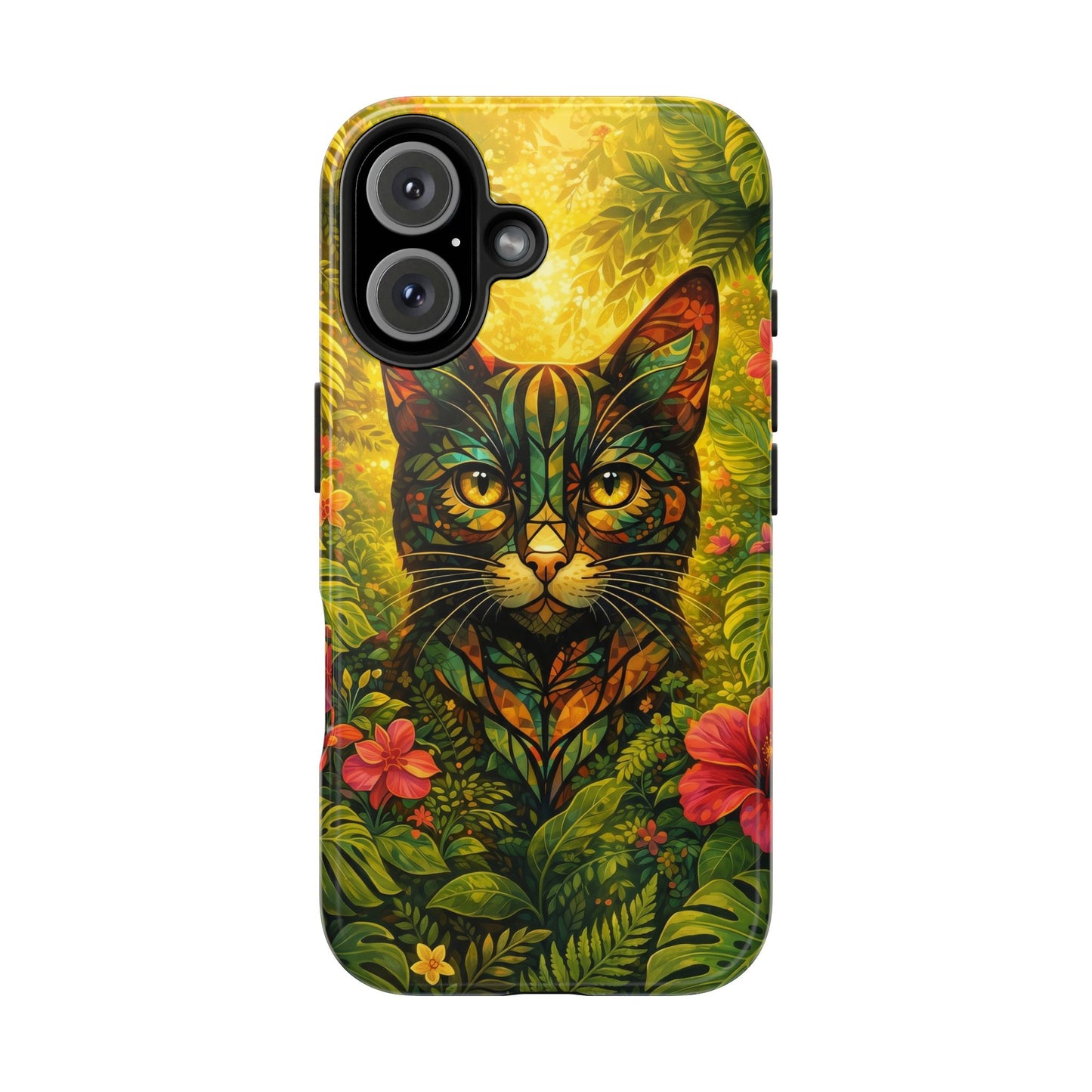 Tough phone case with jungle cat design and side camera and button cutouts