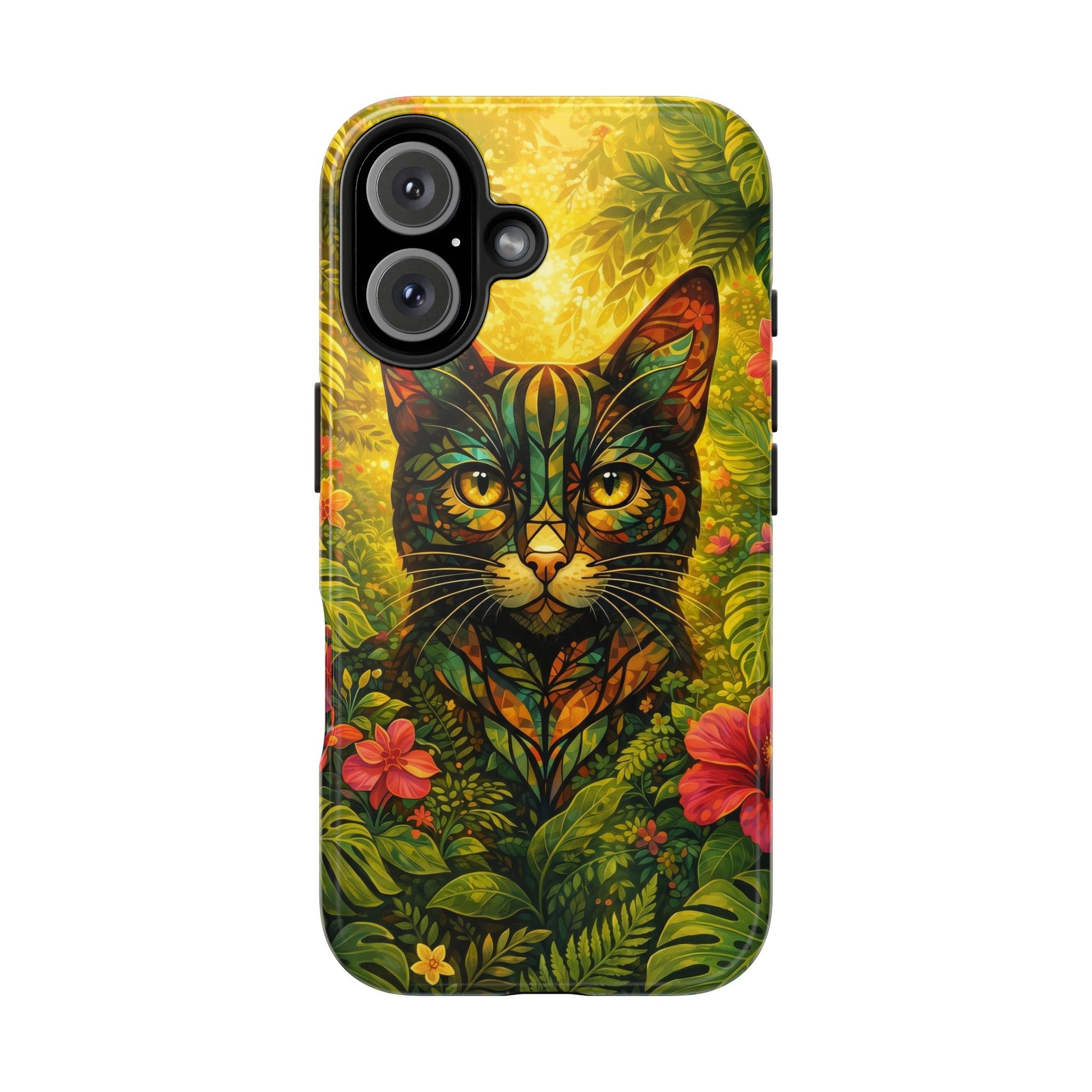 Tough phone case with jungle cat design and side camera and button cutouts